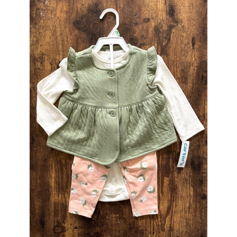 Carters Baby Girl 3 Piece Set Green Quilted Vest Floral Leggings Bodysuit 18M